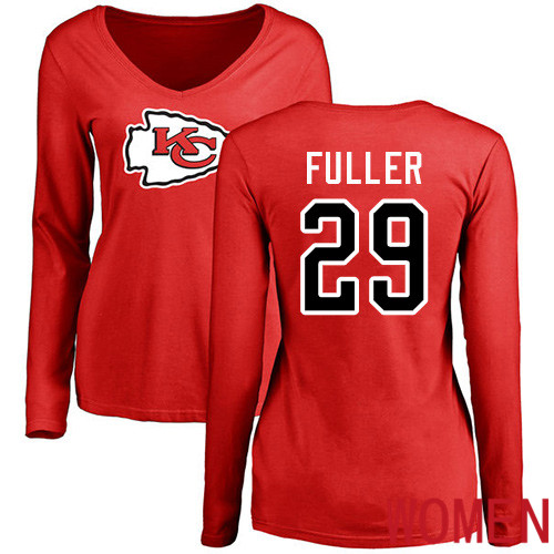 Women Football Kansas City Chiefs 29 Fuller Kendall Red Name and Number Logo Slim Fit Long Sleeve T-Shirt